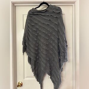 Fringed Knit Poncho in Charcoal Gray